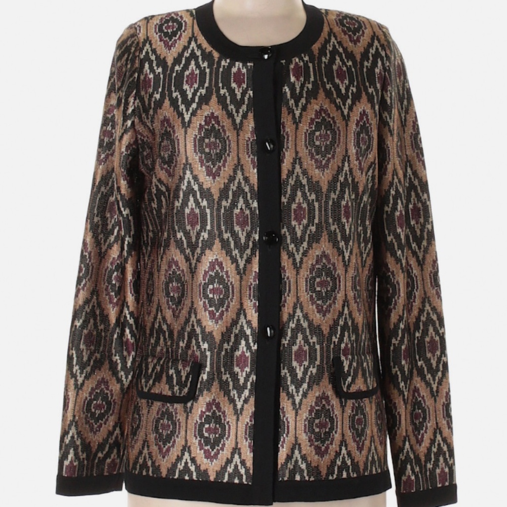 Misook Knit Cardigan Sweater Women Black Gold Ikat Sparkle Metallic Stretch - L